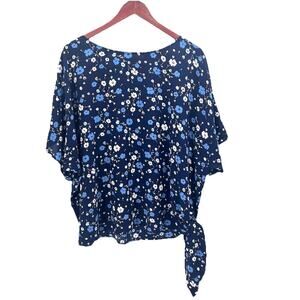 Michael Kors Blue Floral Short Sleeve Tie Waist Top Womens Size 2X
